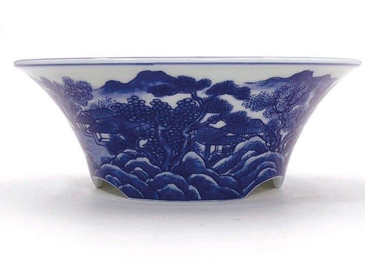 すさまじい筆致！染付山水図丸鉢 /盆栽/小品盆栽/盆栽鉢/植木鉢/谷樂方山