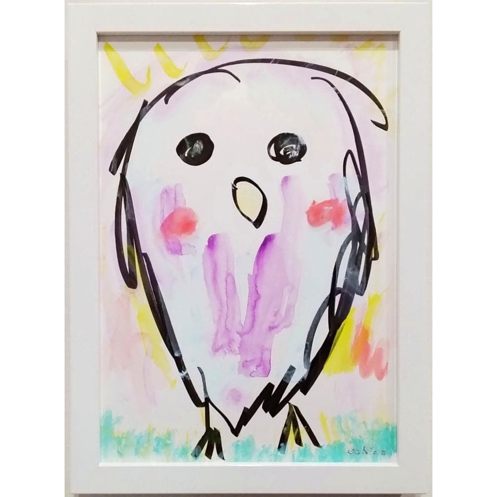 内野隆文　午後のフクロウ　絵画　ドローイング　イラスト　梟　アクリル　額付　真作