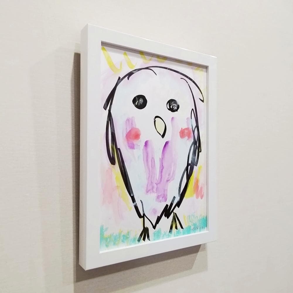 内野隆文　午後のフクロウ　絵画　ドローイング　イラスト　梟　アクリル　額付　真作