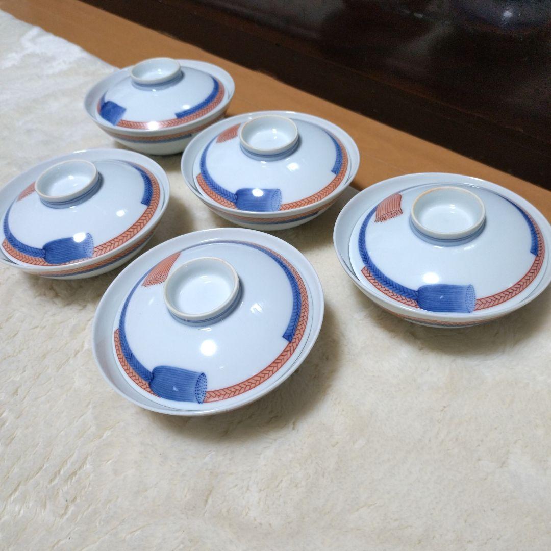 人間国宝　【13代今泉今右衛門】錦　紐(ひも)の絵　蓋付茶碗　5つ揃い