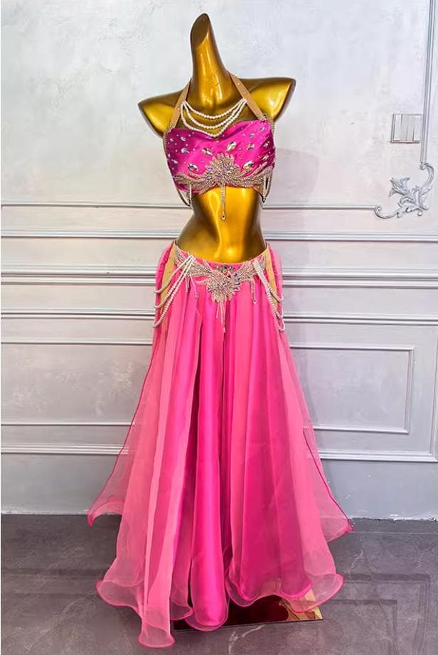 新品未使用 ベリーダンス衣装 高級舞台用 メイル赤色 ロングスカートセット