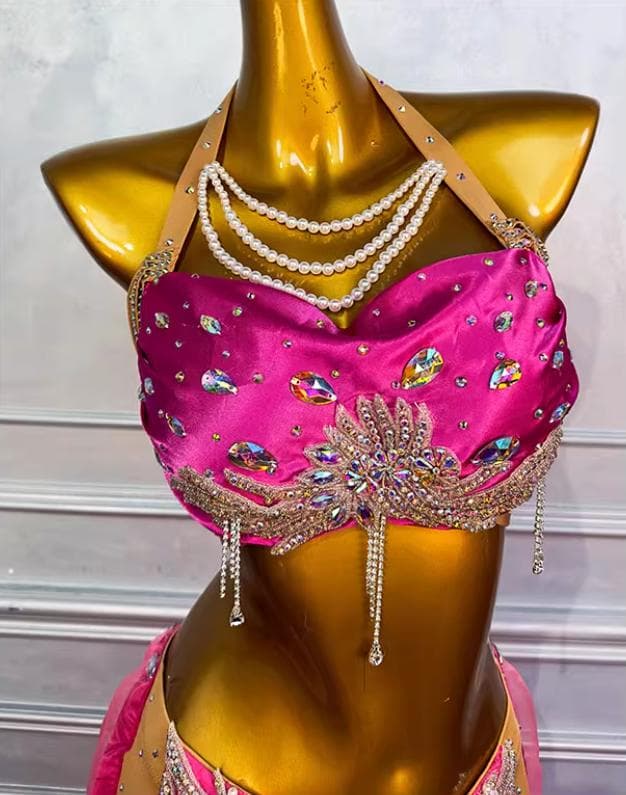 新品未使用 ベリーダンス衣装 高級舞台用 メイル赤色 ロングスカートセット