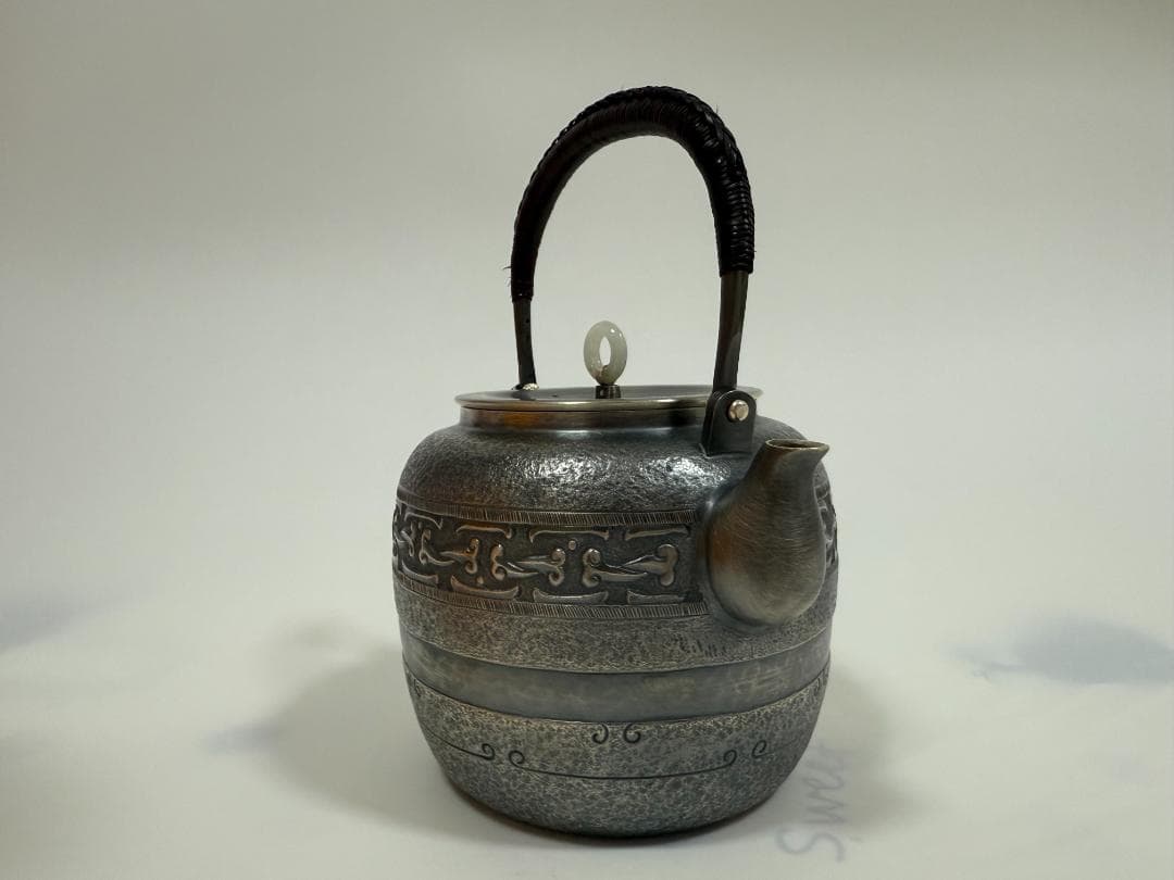 純銀製 如意鎖紋 環玉摘 湯沸 銀瓶 煎茶道具