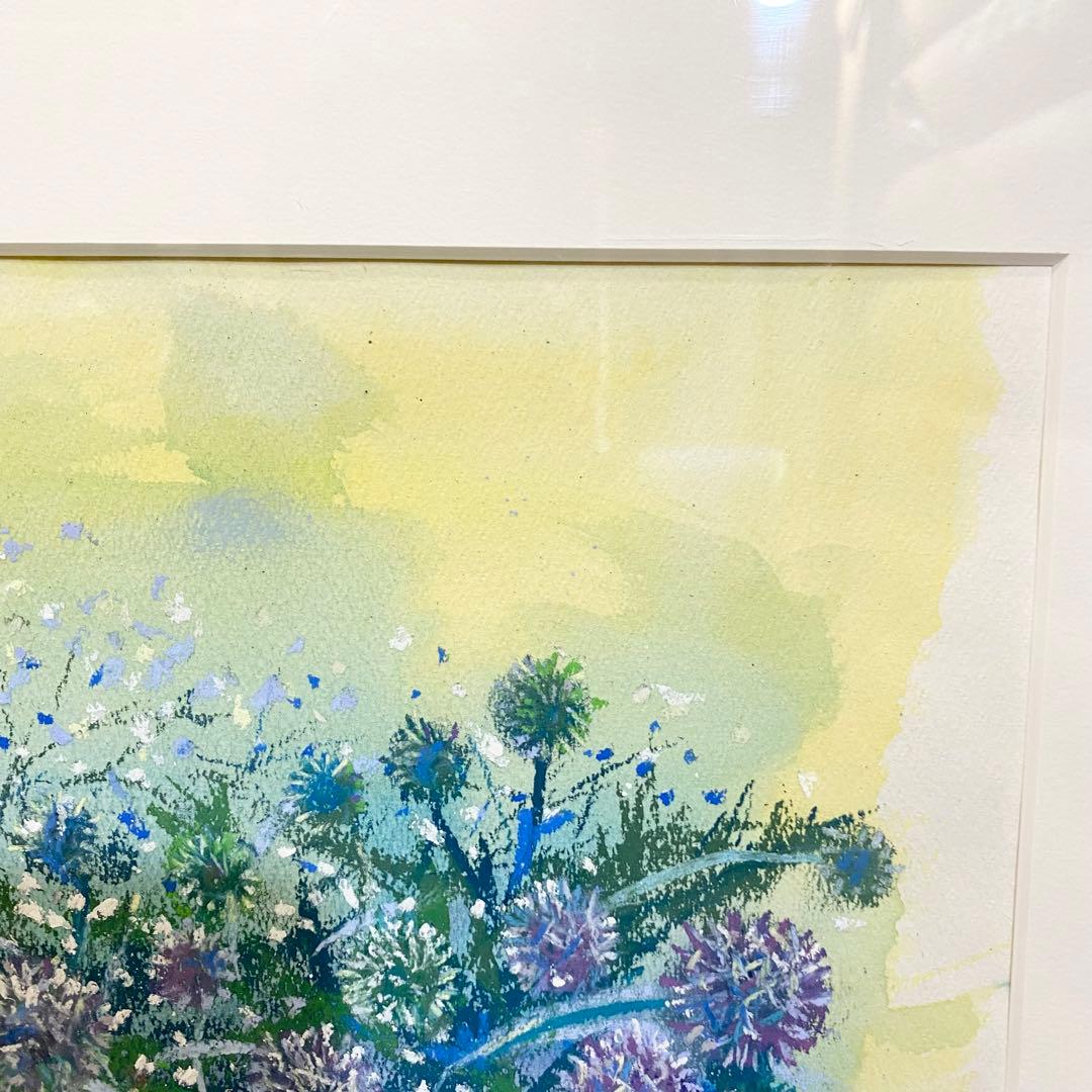 石井清 瑠璃玉アザミ パステル画 あざみ 額縁付き サイン入り