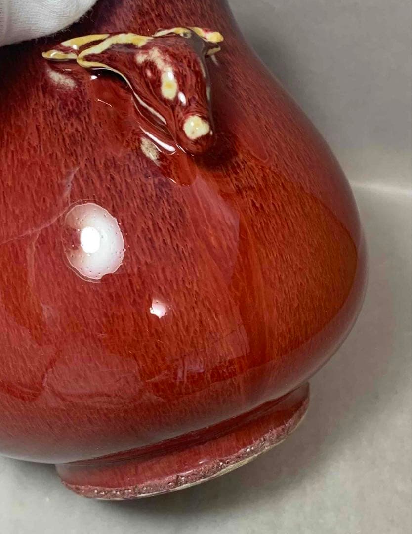 中国 紅釉羊耳付壺　f2250914