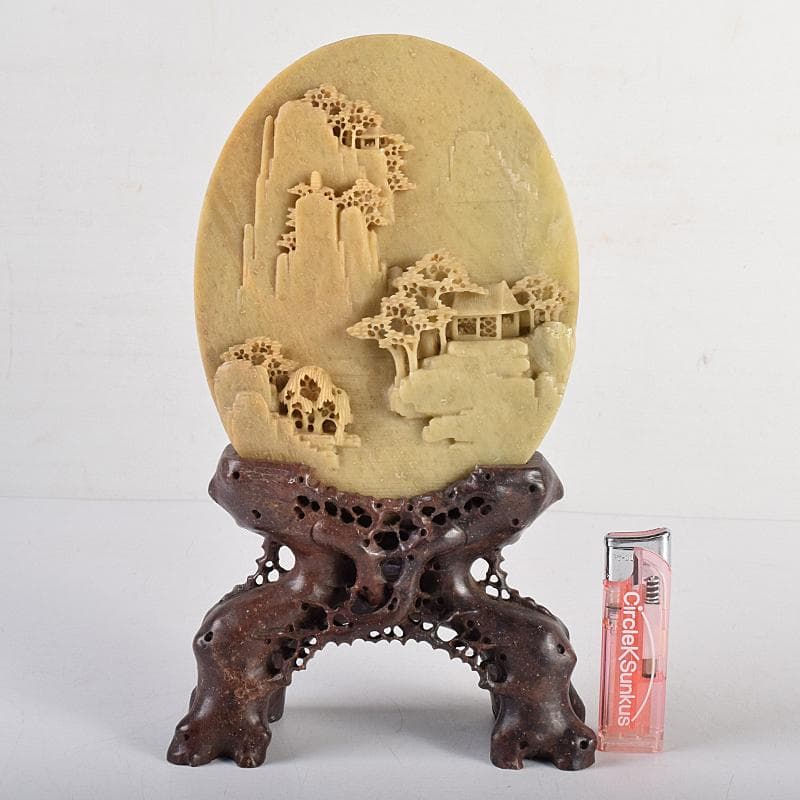 中国　玉石蝋石青田石彫刻　楼閣山水雕　硯屏　置物　V　R8517