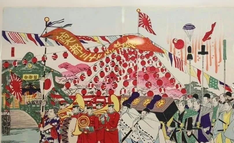 浮世絵版画奠都三十年祭祝賀會上野公園天覧行列之図三枚綴り、楊斎延一画、明治30年