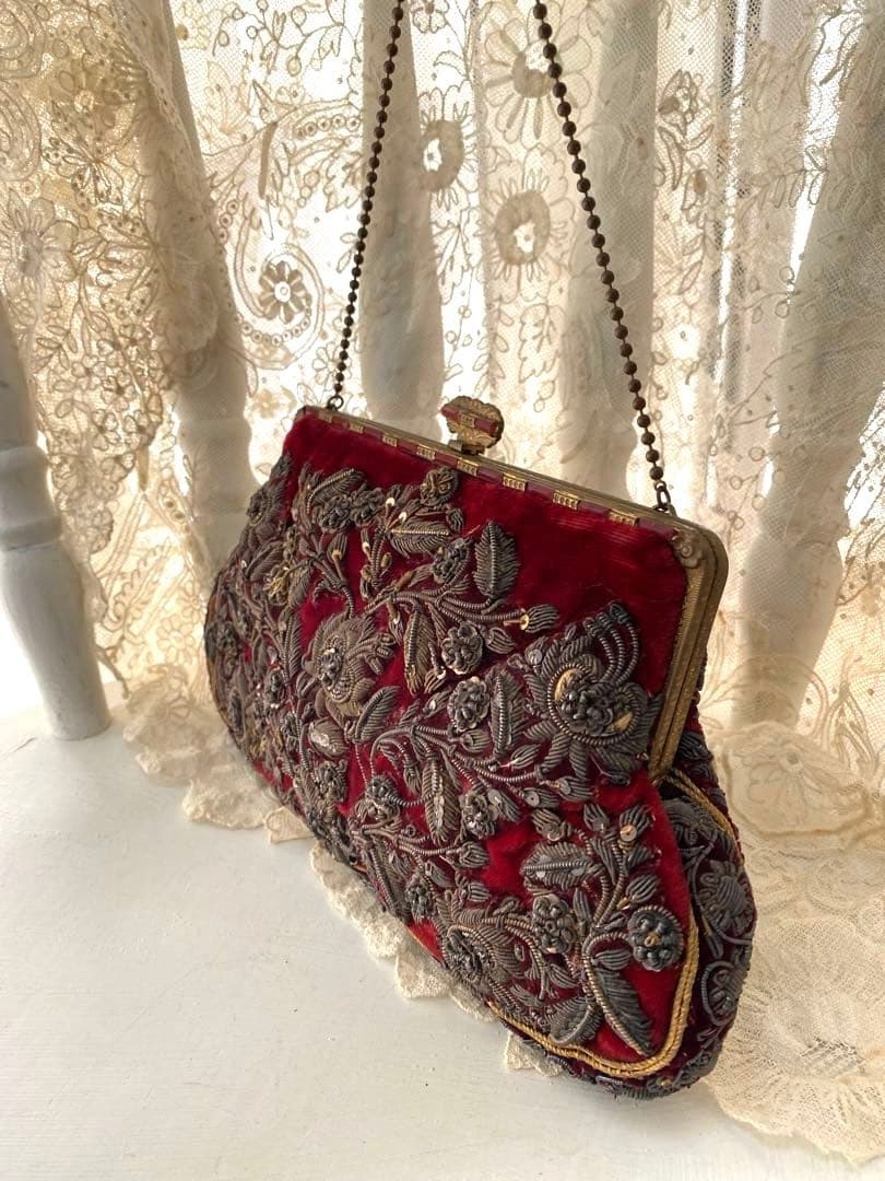 英国アンティークゴールドメタリック手刺繍パース　ベルベット　瑪瑙イギリス　花