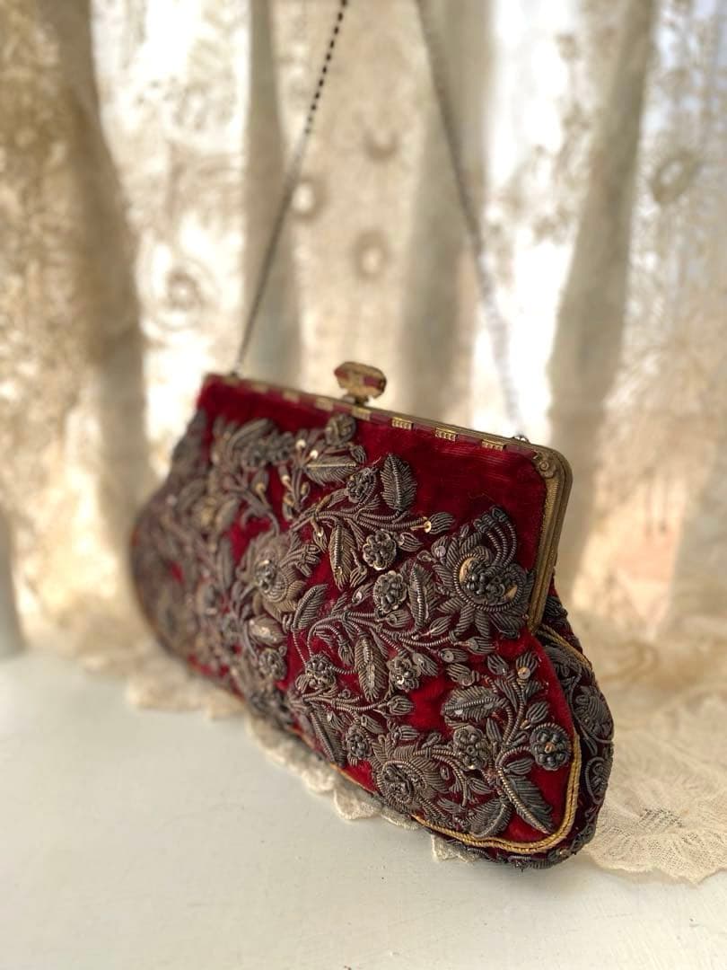 英国アンティークゴールドメタリック手刺繍パース　ベルベット　瑪瑙イギリス　花