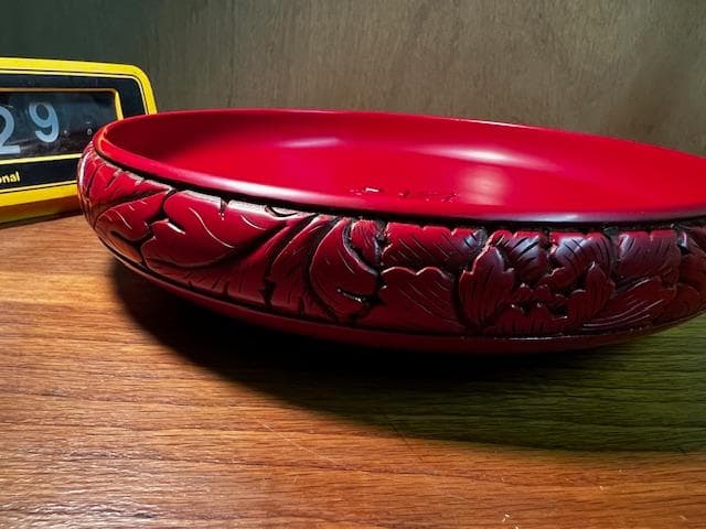 未使用 村上堆朱 菓子器 牌丹彫刻 木箱入り 伝統工芸 漆器