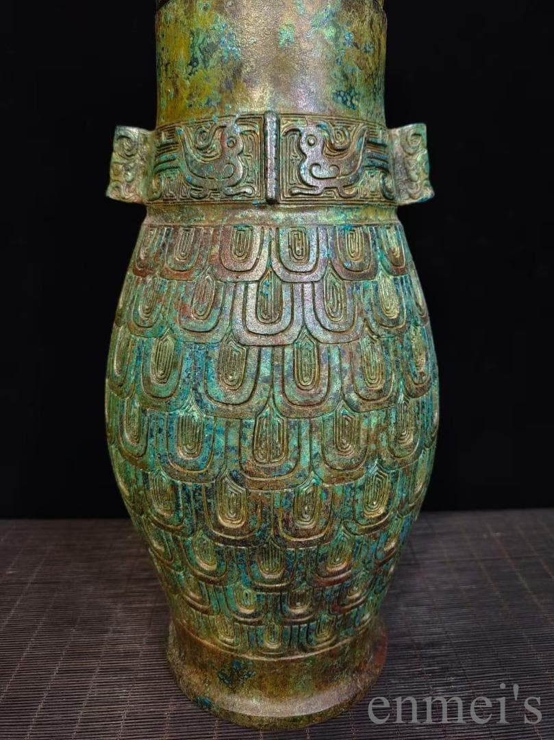 中国古美術 旧蔵 商周款 青銅製 銘文器皿《魚鱗文壺》純銅製 高浮彫 酒器 水壺