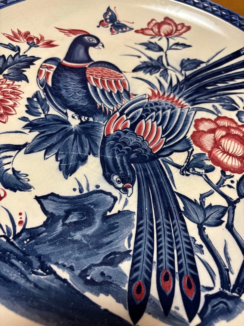 花と孔雀のデザイン 陶器皿 大皿 飾り皿