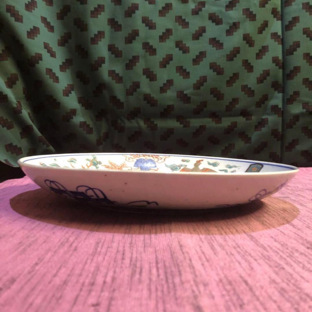 古伊万里　手書き色絵金彩　見込み花文様　和柄　瑞雲　鳳凰　龍の図　歪んだ古い大皿