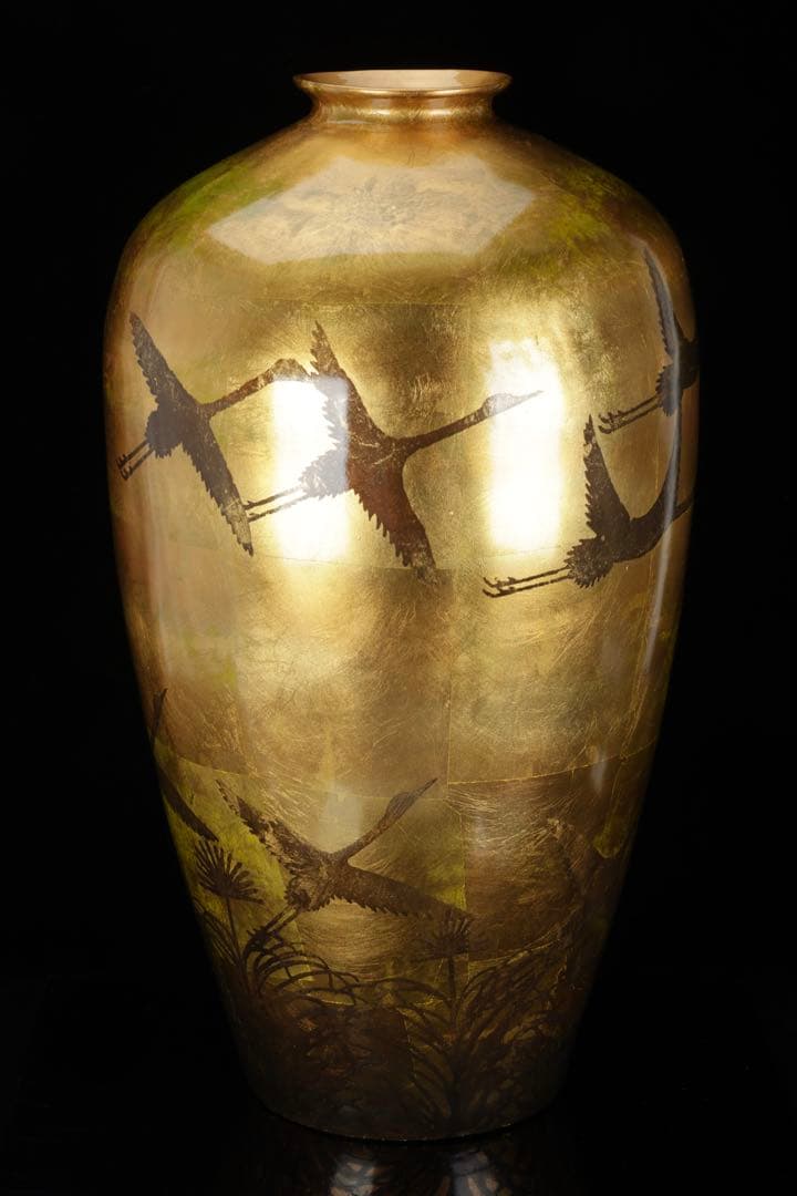大型 漆塗 金地花瓶 鶴図 秋草文様 高さ62cm 花器 飾壺 古美術品 骨董品