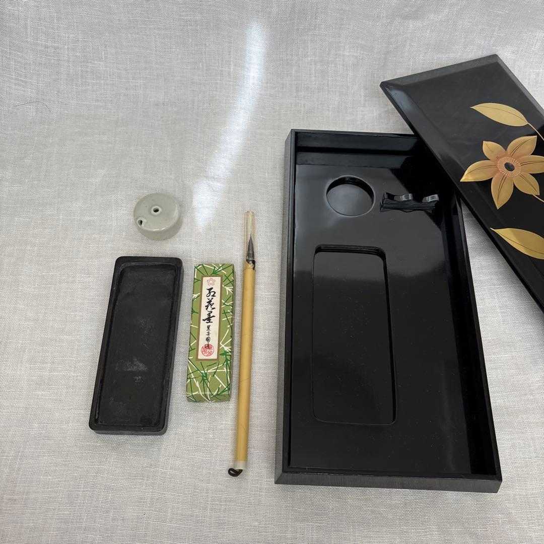 【美品】硯箱　螺鈿　漆塗り　鉄仙の花　五花墨　書道　工芸品