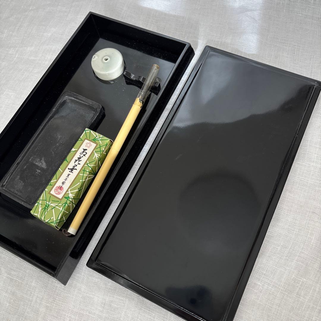 【美品】硯箱　螺鈿　漆塗り　鉄仙の花　五花墨　書道　工芸品