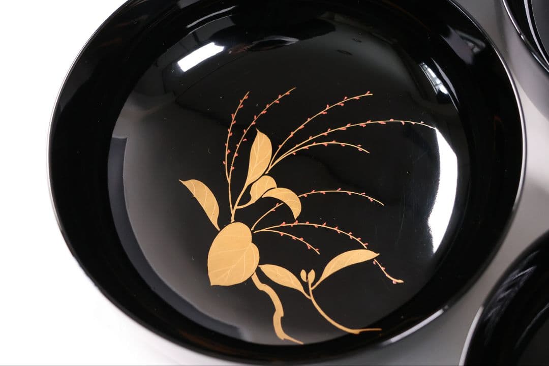 【MB190】天然木漆塗 紫陽花と葵 金蒔絵 螺鈿入 黒塗 煮物椀 五客 昭和期