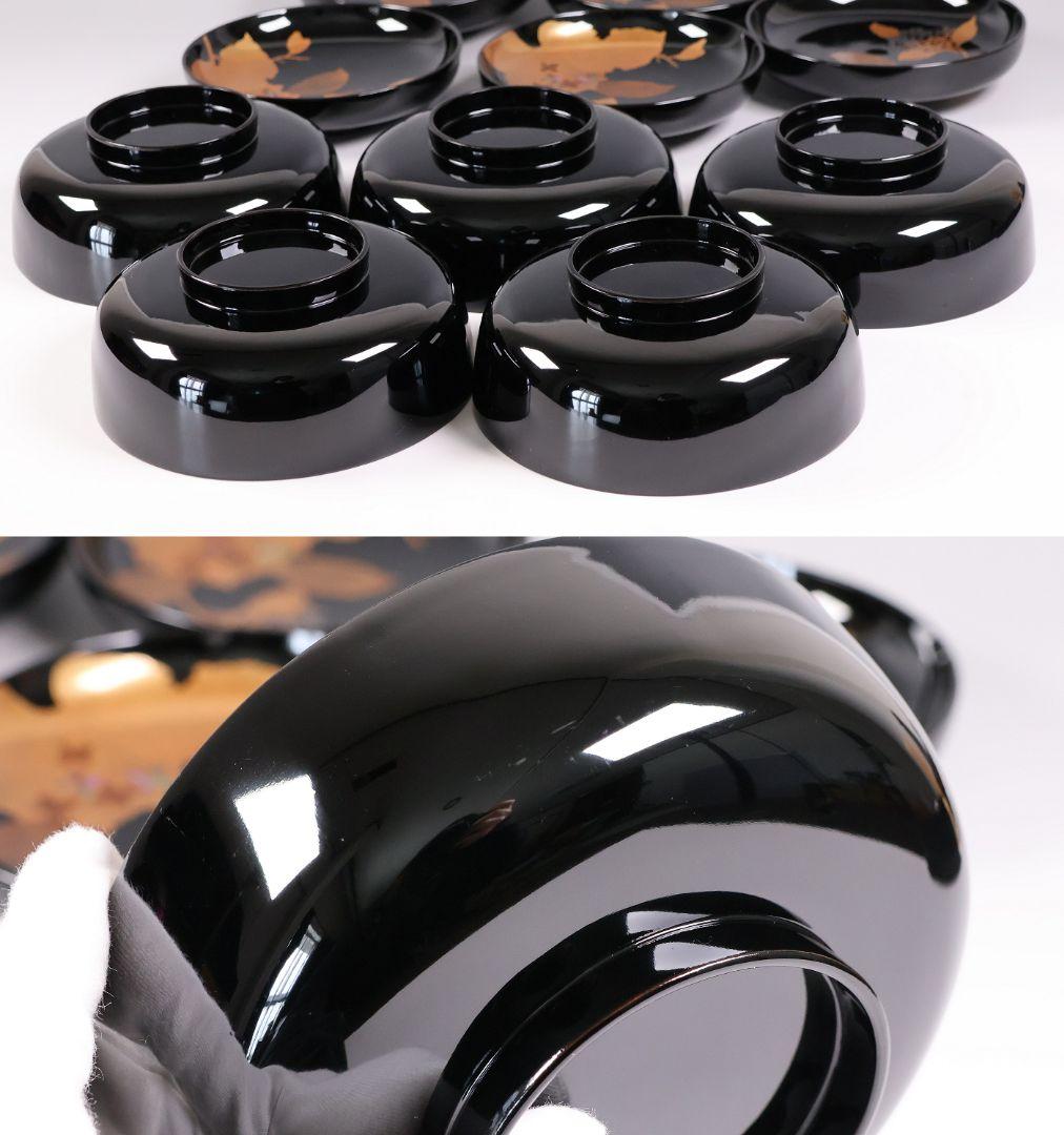 【MB190】天然木漆塗 紫陽花と葵 金蒔絵 螺鈿入 黒塗 煮物椀 五客 昭和期