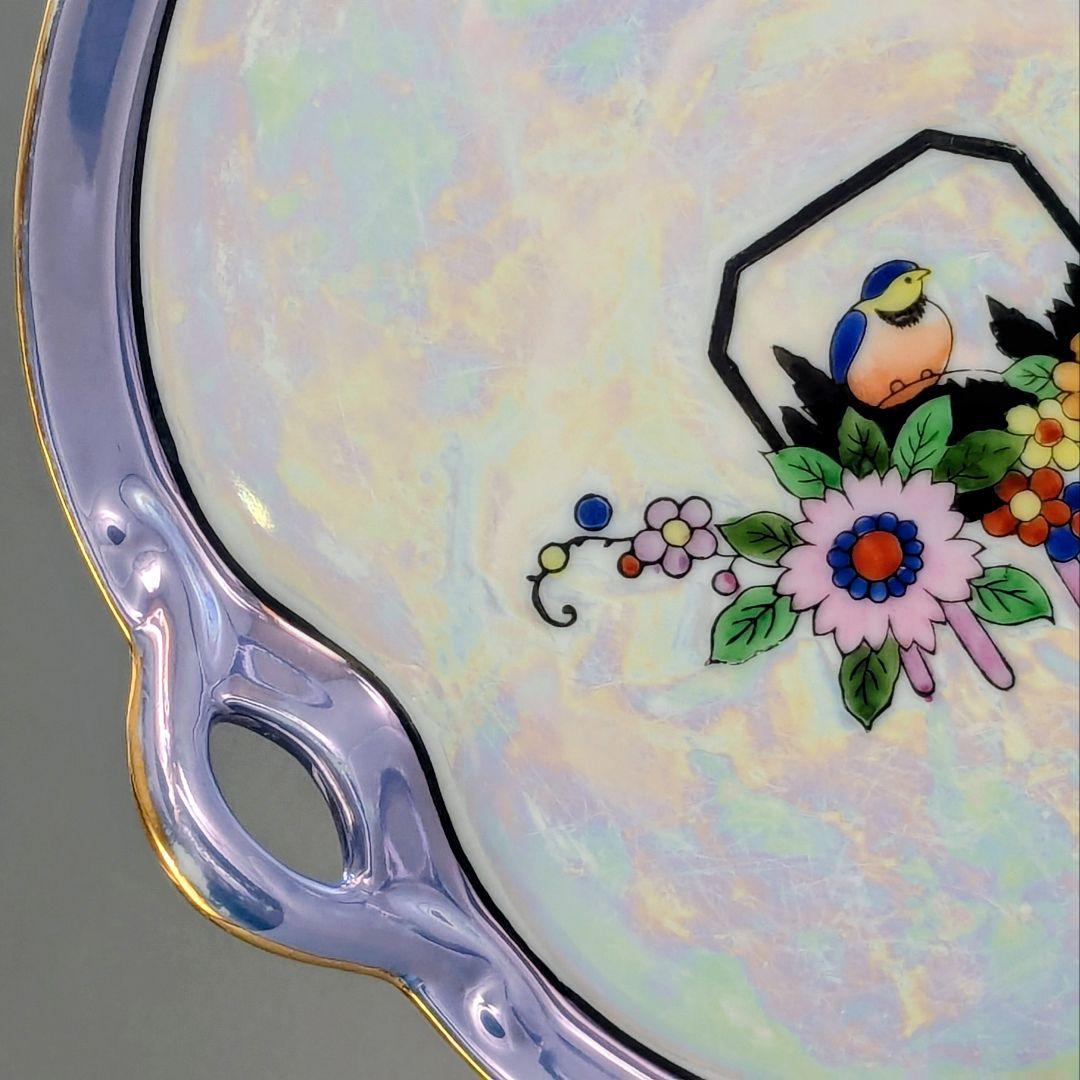 オールドノリタケ アールデコ期 虹ラスター彩 南国鳥と花絵柄の スナックセット