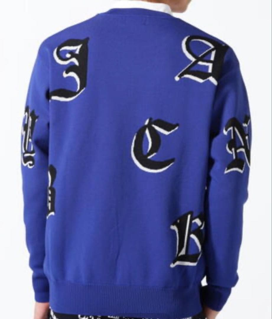 新品 パーリーゲイツ ジャックバニー ゴシックロゴWジャガードニット(6)LL青