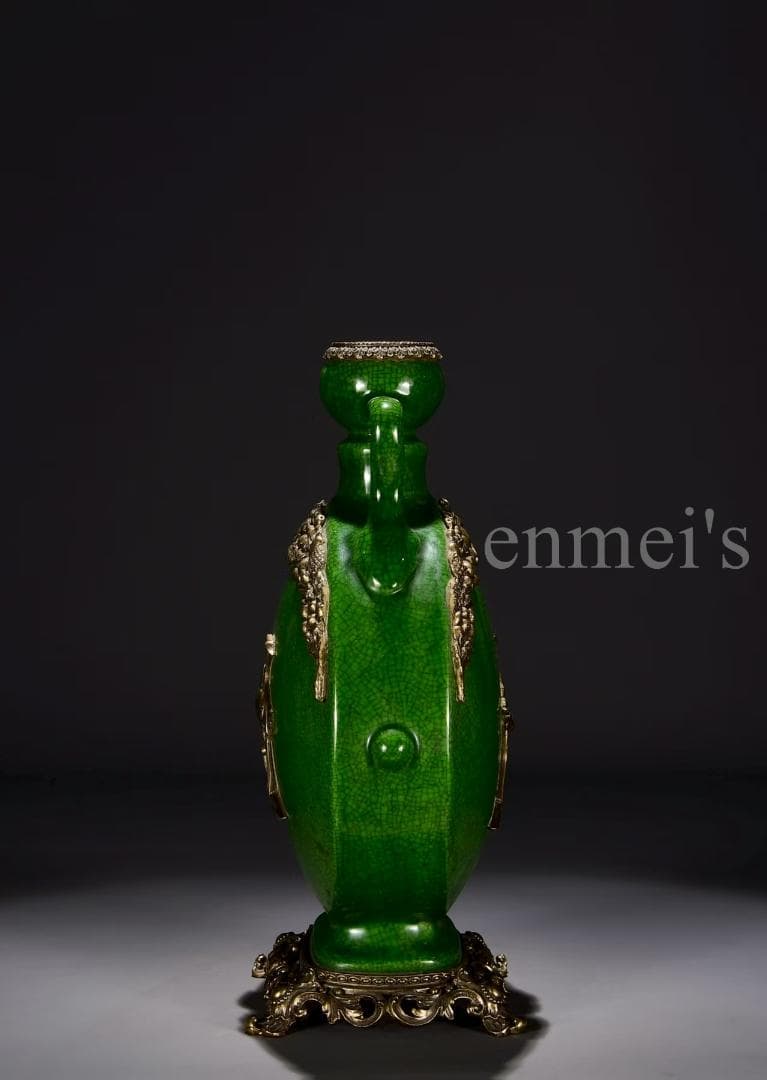 【時代の彩】中国古美術 清・乾隆 豆青釉 鶴の措金銅嵌扁瓶 花瓶 古陶磁 時代物