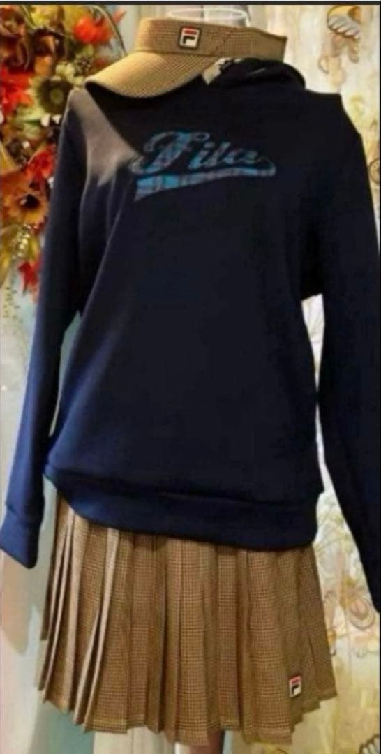 No.591 FILA キャメルガンクラブチェックのプリーツスコート☆XL☆