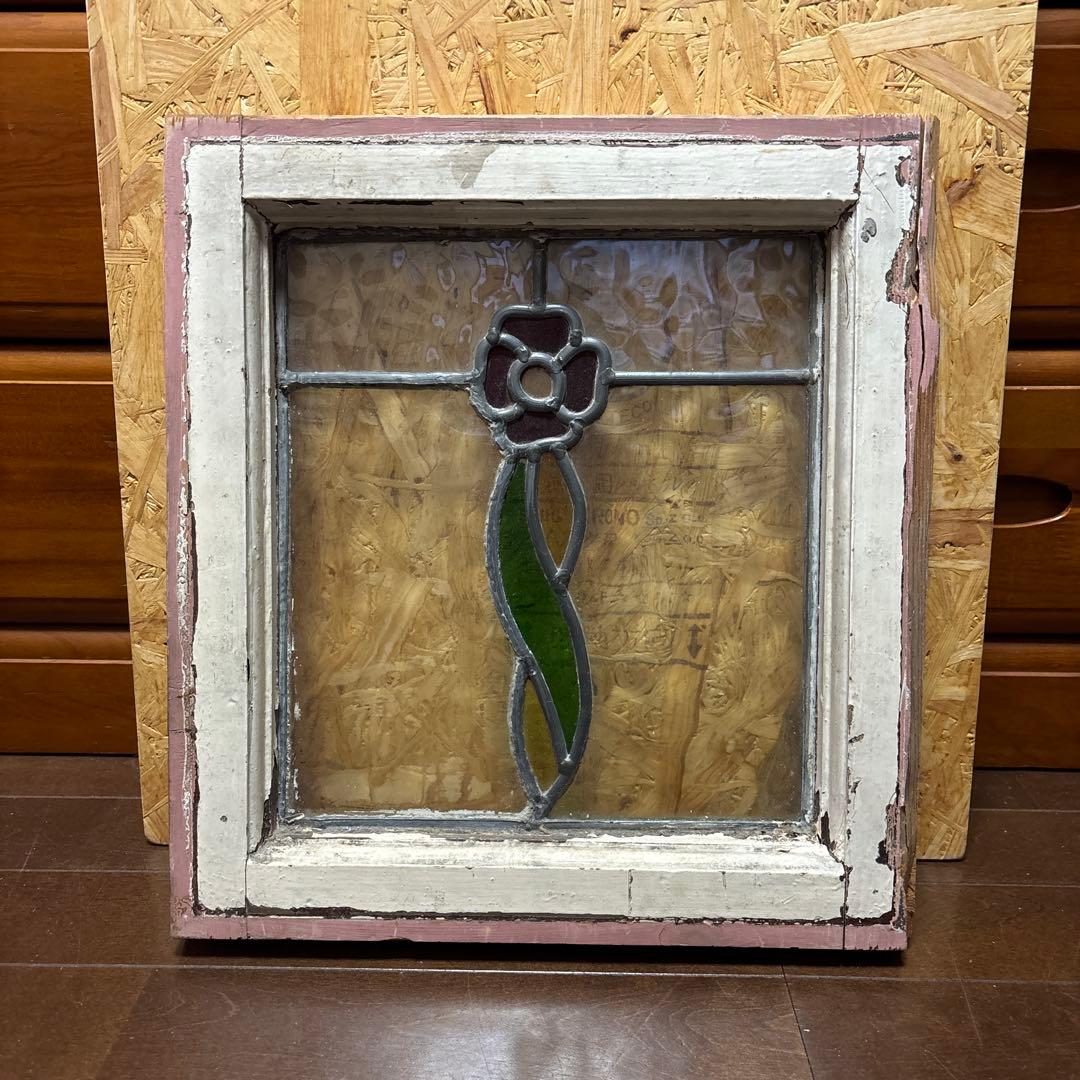 イギリス　アンティーク ステンドグラス フレーム　窓枠付き　花