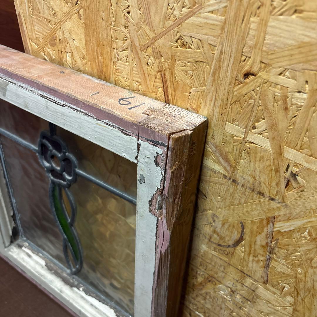 イギリス　アンティーク ステンドグラス フレーム　窓枠付き　花