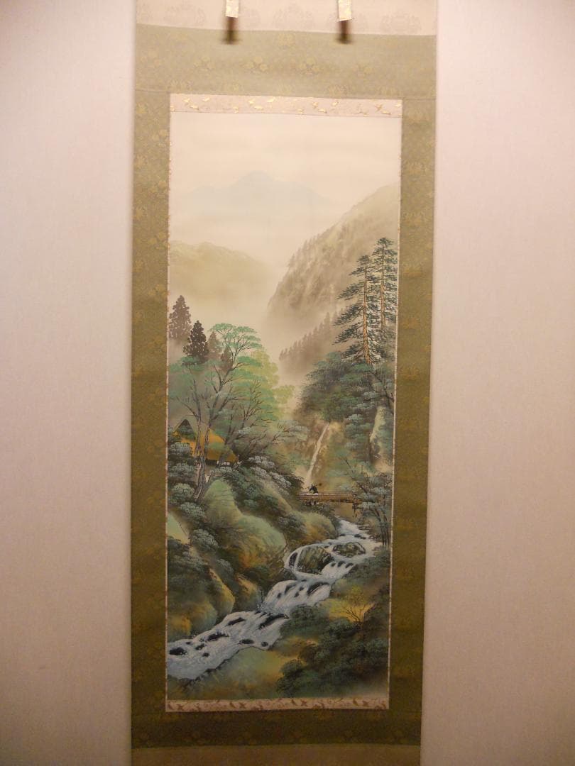 掛け軸 紫峰 『 彩色夏景 』 絹本 希少 軸装 茶道具 掛軸 美品 です。