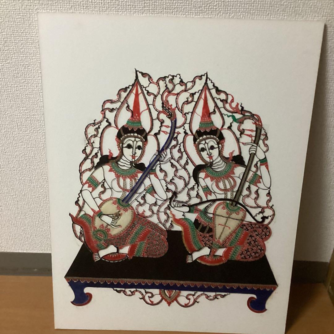 インドネシア　民芸品　布製カロチャ刺繍調　リシェリュ風カットワーク 　木枠額装