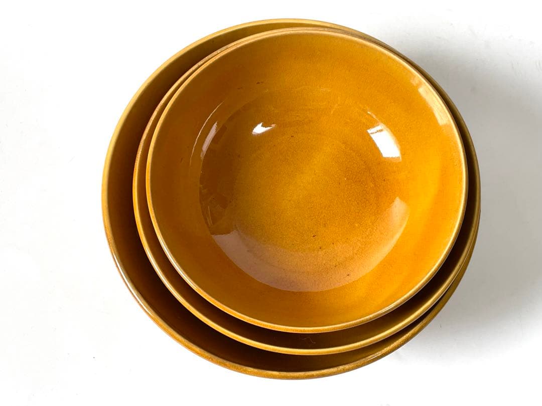 骨董　アンティーク　珉平焼　民平　山吹色　三つ組　入れ子　鉢　ボウル　器