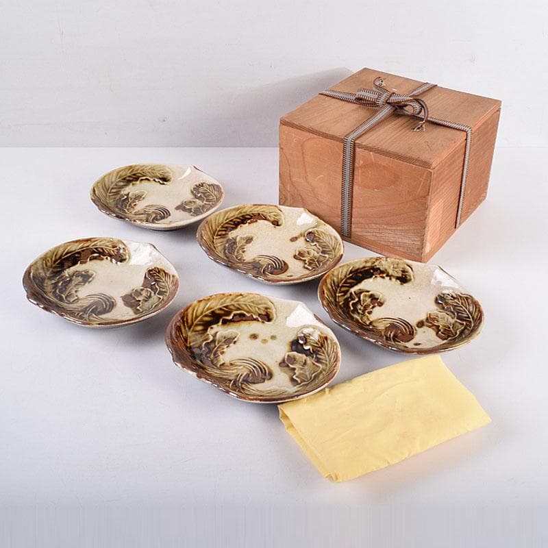 和食器　色絵　カブ形　銘々皿　五客　時代箱　V　8440