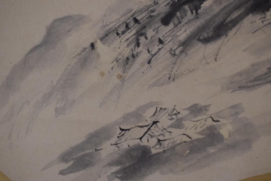 【真作】大河内夜江/扇面山水図/横物/掛軸☆宝船☆Y-899　JM