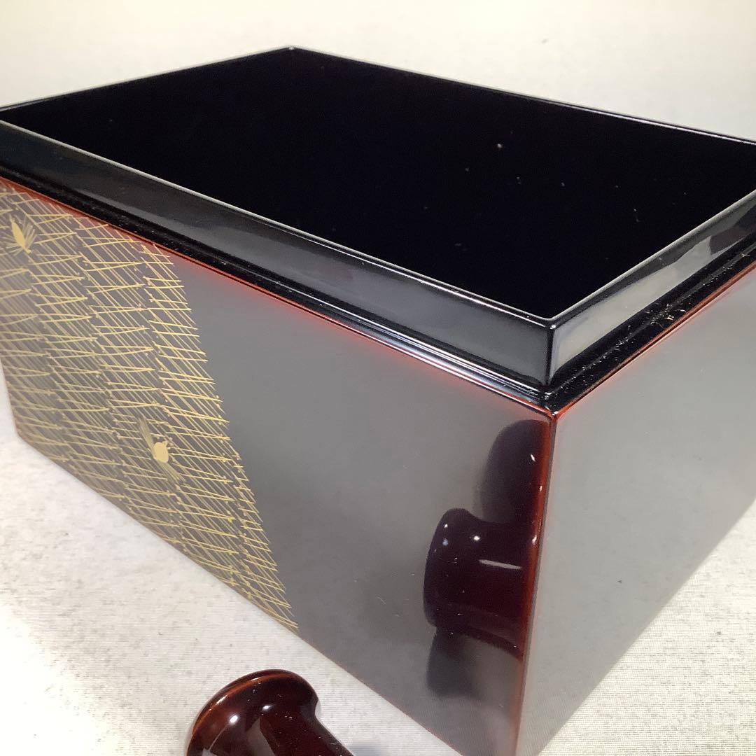 本漆手塗　松笠松葉蒔絵　利休箱　木製溜塗　仁清扇面　手塚桐鳳