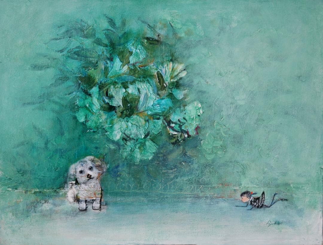 油絵 菅家令子 絵 絵画インテリア額付(黒) uF6-071719 子犬と蟻さん