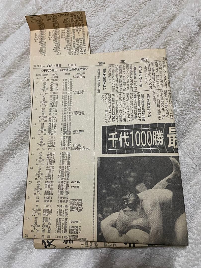 平成2年3月18日　千代の富士の記事の切り取り