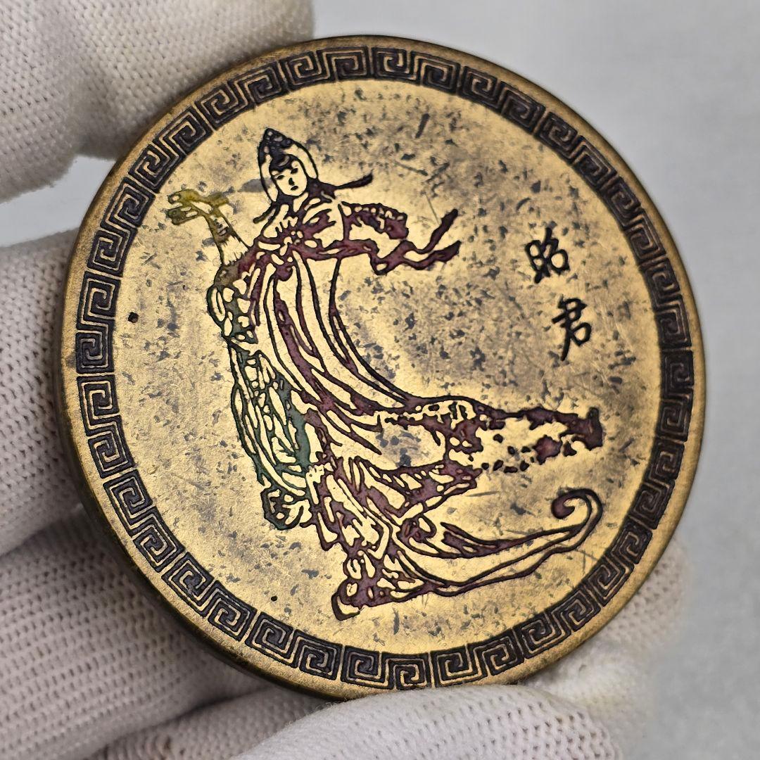 古美術 文房具 銅制 彩絵 四美人図 文鎮 席鎮 4枚 在銘 希少