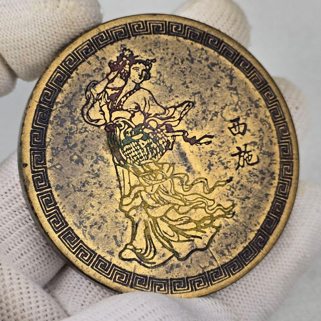 古美術 文房具 銅制 彩絵 四美人図 文鎮 席鎮 4枚 在銘 希少