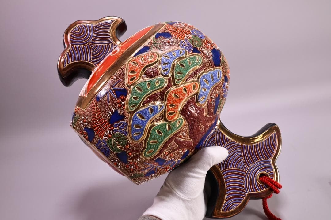 九谷焼名工　陶ハ　松鶴乃図　御小槌　金運　財運　開運　商売繁盛　置物　BJ177