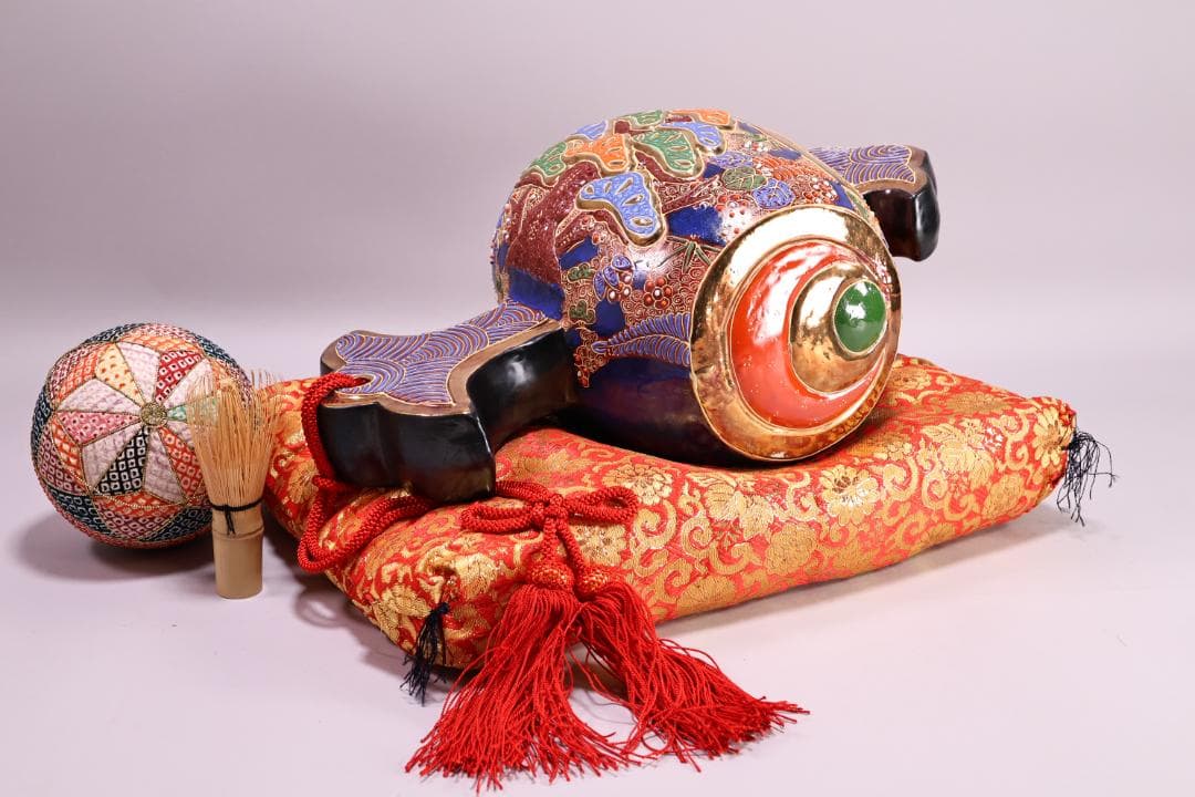 九谷焼名工　陶ハ　松鶴乃図　御小槌　金運　財運　開運　商売繁盛　置物　BJ177