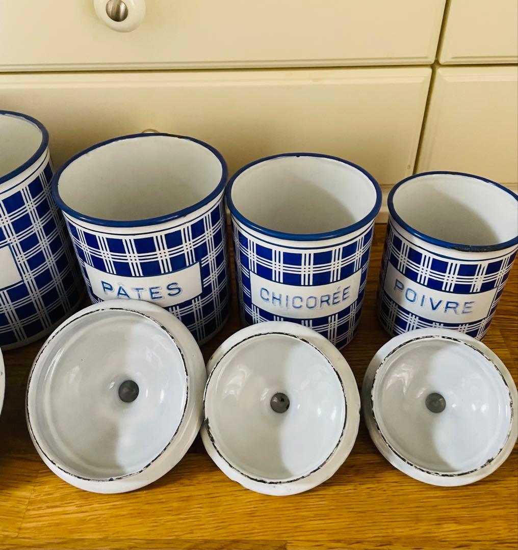 【青ぶー】フランス アンティーク BB社 ホーローキャニスター 5個セット