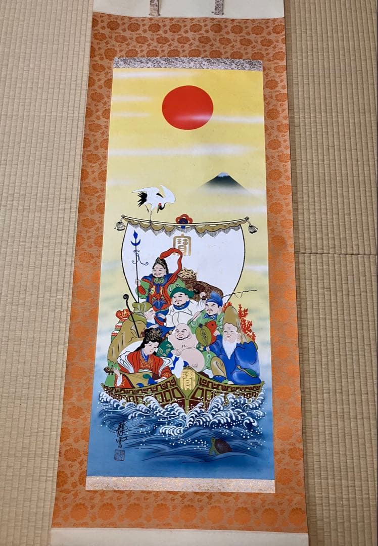 ウォーターライト　佐藤静雲筆 七福神宝船 肉筆絹 本掛軸 共箱 ビンテージ