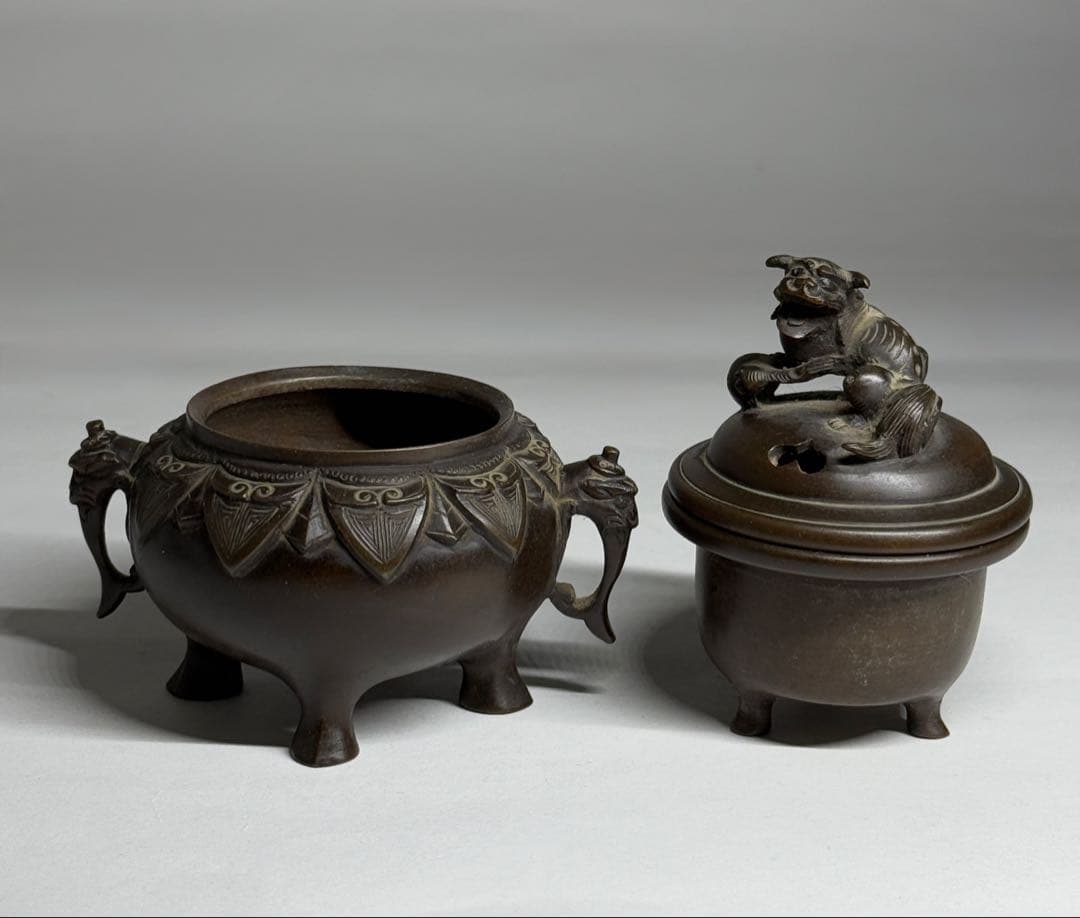 銅製　香炉　獅子蓋　象耳　銅器　茶器　茶道具　香道具　仏具