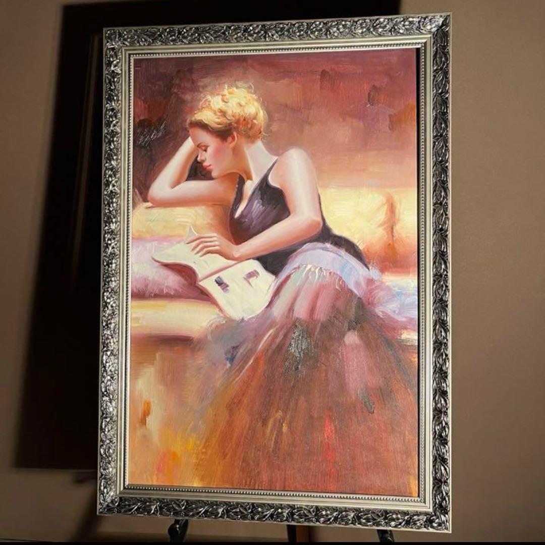 ★秀作★ 手書き油絵 本を読む人（大）額付き  絵画 インテリア 油彩画