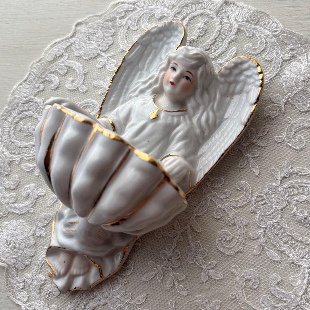 【フランス】天使の聖水盤 陶磁器 ヴィンテージ オブジェ 壁掛け 白磁 金彩