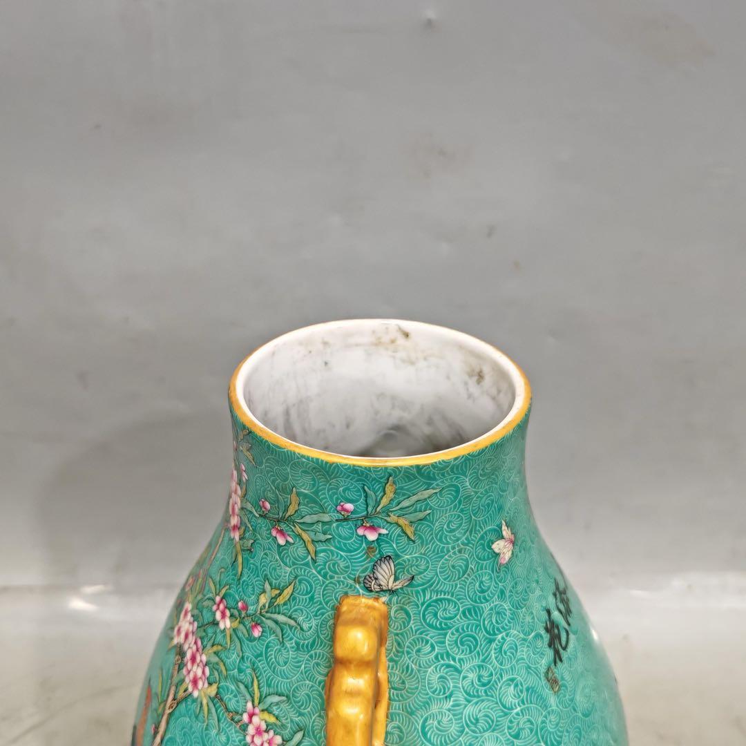 美術品　置物　粉彩雙耳尊　「乾隆御製」銘