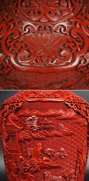 送料無料極上品　細密山水楼閣彫堆朱花瓶 紫檀台付 　全高さ40ｃｍ　中国古玩