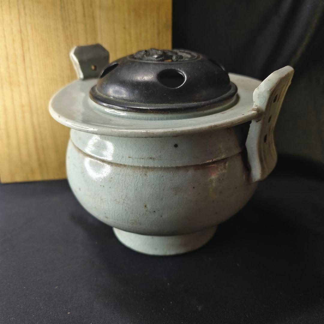 李朝骨董 古銅蓋青磁香炉 貫入入り 朝鮮王朝 古美術品 桐箱 コレクター放出美品
