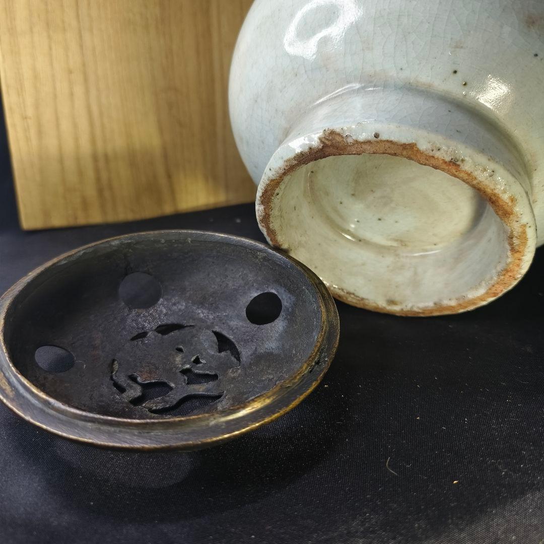李朝骨董 古銅蓋青磁香炉 貫入入り 朝鮮王朝 古美術品 桐箱 コレクター放出美品