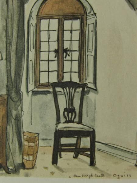 荻須高徳、バンバラ城・室内、素描スケッチ、版上刷サイン入、希少な額装用画集より